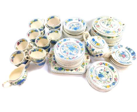 A Mason's Ironstone part dinner and tea service decorated in the Regency pattern, comprising warming plate and cover, two lar