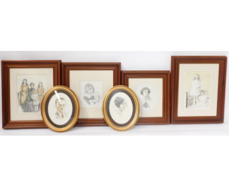 A group of portrait studies, charcoal and watercolour, comprising two group studies, 25cm x 19cm and 27.5cm x 19cm, together 