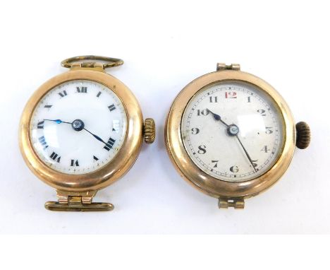 A lady's 9ct gold circular cased wristwatch, white enamel dial bearing Roman numerals, together with a lady's gold plated cas