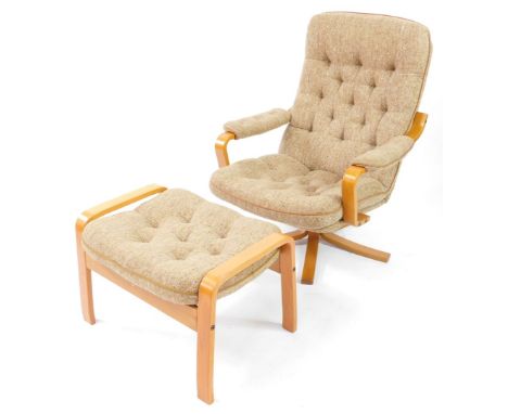 A light bentwood swivel armchair, upholstered in button back brown oatmeal fabric, together with a matching stool.