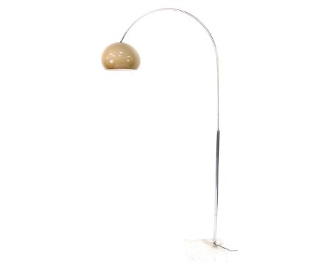 A 1970's arc style floor lamp, probably by the Guzzini Brothers, Recanati, Italy, the steel arch terminating in an adjustable