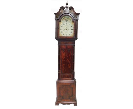 Joseph Wilson of Stamford. An early 19thC flame mahogany longcase clock, the enamel break arch dial with moon phase, painted 