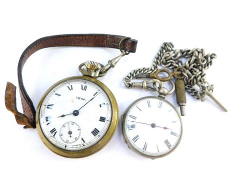 A late 19thC pocket watch, open faced, key wind, enamel dial bearing Roman numerals, the case stamped fine silver, with engin