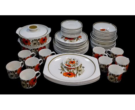 A J &amp; G Meakin Studio pottery part dinner and tea service decorated in the Poppy pattern, comprising a pair of vegetable 