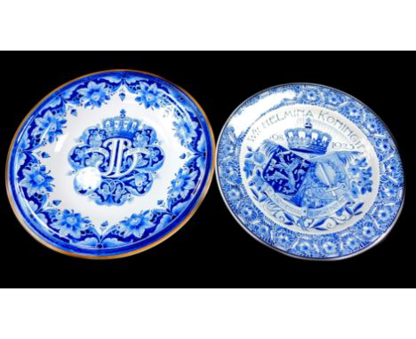 A Delft ware blue and white charger, commemorating the Silver Jubilee of HM Queen Wilhelemina, Queen of The Netherlands 1923,
