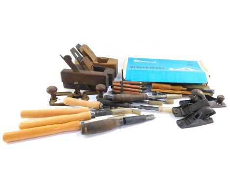 Woodworking tools, including a Record 05 Jack cutter plane., Stanley No 110 plane., Preston 1139B router plane., chisels, etc