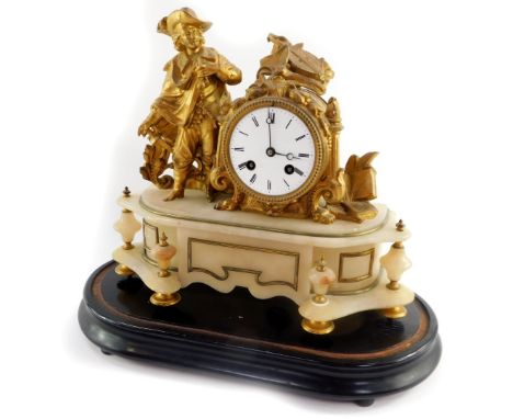 A late 19thC French gilt spelter and marble mantel clock, circular enamel dial bearing Roman numerals, eight day movement by 