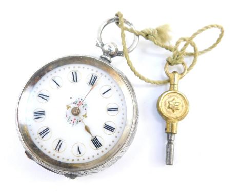 A lady's silver pocket watch, open faced, key wind, enamel dial bearing Roman numerals, the case with engraved decoration, sh