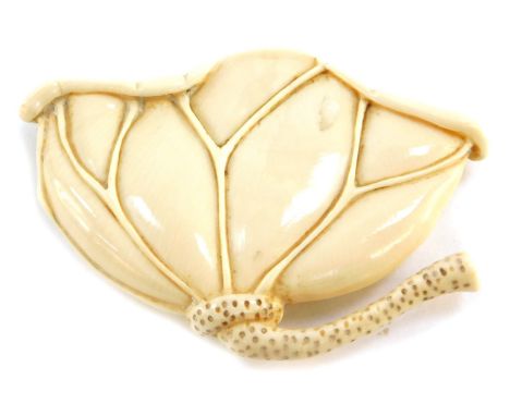 A Japanese late Taisho / early Showa  period period ivory netsuke carved as a folded water lily leaf, signed, 53mm wide.