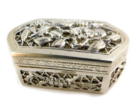 A Chinese silver cricket box, of oblong form, pierced and embossed with birds and blossom, three character mark, 5cm wide, 0.