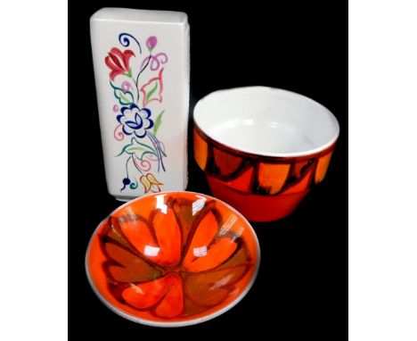 A Poole Delphis range orange ground jardiniere, shape number 73, monogram CB, 17cm diameter, a Delphis range dish, 15cm diame