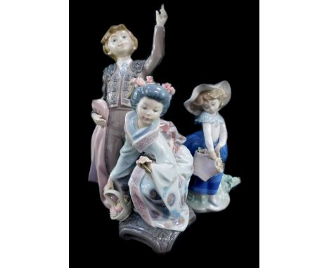 A Lladro porcelain figure modelled as Little Boy Matador, Pretty Pickings (AF), and a Japanese Yuki kneeling geisha girl with