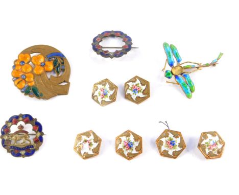 A late 19thC set of six copper and enamel lady's buttons, floral decorated, two enamel brooches, one mounted with the crest o