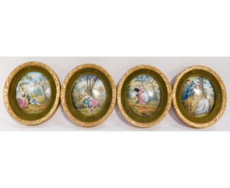 After Jean-Antione Watteau.  Four Fete Galante studies, in garden settings, watercolour, possibly on enamel, monogrammed CSK,