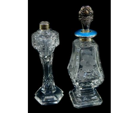 A George V cut glass atomiser bottle, with silver collar, London 1923, and a cut glass silver and turquoise enamel scent bott