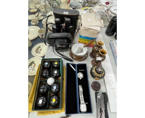 Polaroid and Minolta cameras, a pair of binoculars, table bowls, two wristwatches, Chines cloisonne, etc.