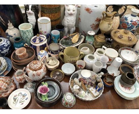 Oriental and other vases, Portmeirion seated cats, Japanese eggshell and other tea wares, etc.