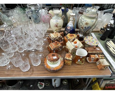 Cut drinking glass, cottage tea wares, a table lamp and two vases