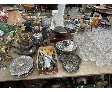 Miscellaneous electroplate, cutlery, a cut glass drinking set, a pair of glass lustre and gilt metal table lamps, a pair of b
