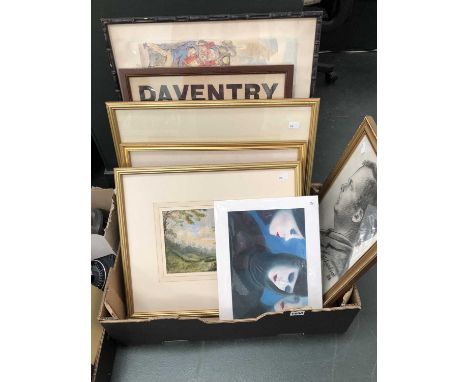 A box of watercolour landscapes, a land sale poster, a reproduction cartoon together with a Richardson of Llandudno charcoal 