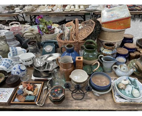 Susie Cooper and Wedgwood coffee sets, Hornsea storage jars, table lamps, a grey telephone set, studio pottery jugs, etc.