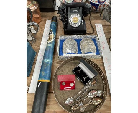 A black telephone set, an electroplate tray and tea spoons, cufflinks and a didgeridoo