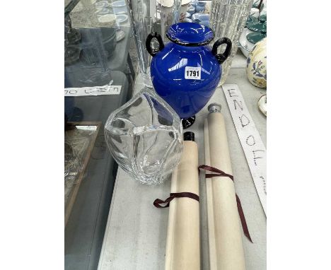 A Baccarat and three other art glass vases together with Chinese scrolls depicting flowers and the great wall.