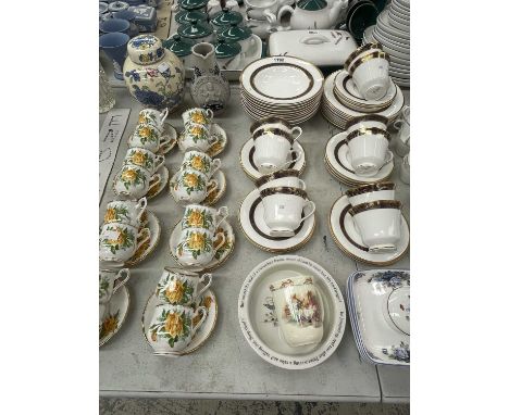 Doulton Harlow pattern tea wares, Wedgwood and Royal Albert coffee cups, a Masons jar, a bunnikins childrens bowl, etc.