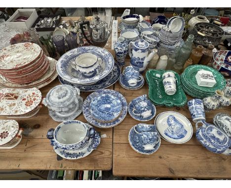Ridgways Persian pattern dinner wares, blue and white, Wedgwood cabbage green plates, Imari bowls and plates, vintage bottles