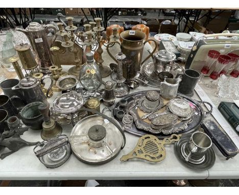Some silver mounted dressing table items, electroplate, a pair of brass candleabra, a miner's lamp, a Japanese bronze planter