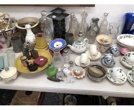 Colclough and other tea wares, glass decanters, paperweights and other glass ware, a Doulton vase, a Le Creuset saucepan, etc