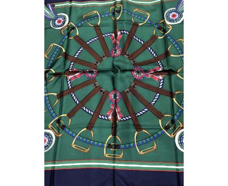 A Navy and Green silk Daks London equestrian-themed scarf, together with a Viyella polka dot polyester scarf and a Royal coll