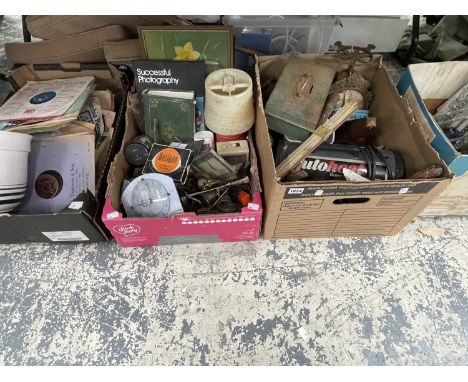 A planter and stand, 78 rpm and other records, clock parts, a green house heater, a metronome, etc.