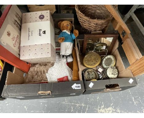 Clock movements, a boxed Steiff bear, table mats, etc.