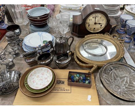 Adderley Art Deco plates, a gilt framed oval mirror, a mantel clock, drinking glass, glas ware mounted with silvered tracery,