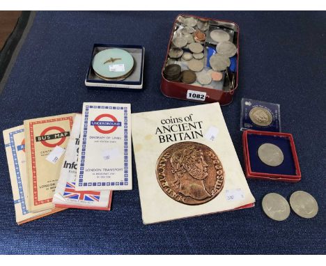 Various GB crowns and other coins, an RAF compact, vintage underground timetables, etc. 