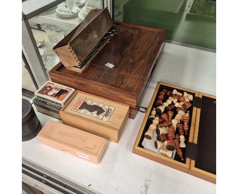 Various vintage board games, chess pieces, boards, cards, dominoes, etc.