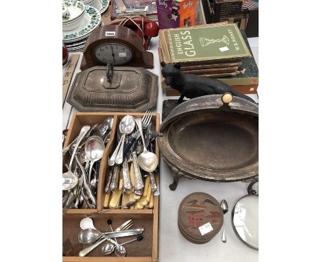 An electroplate chafing dish, cutlery, a mantel clock, books on glass and other subjects, a nest of Japanese boxes, etc.