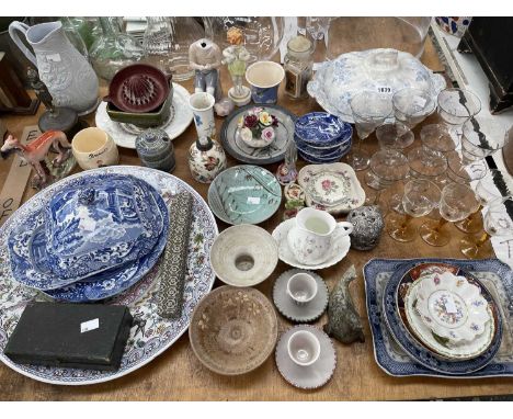 A Staffordshire greyhound, decorative ceramics, drinking glass, an Indian table bell, Spode's Italian wares, etc.