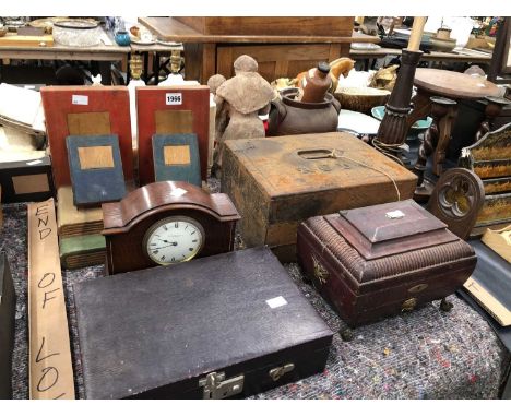 A Regency red scrim jewellery box, a leather covered writing slope, another leather covered box, book form book ends and a ma