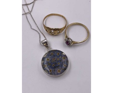 A 9ct, hallmarked gold ruby and diamond cluster ring, weight 1.27 grams, an 18ct gold ring mount, weight 1.85 grams and a sil