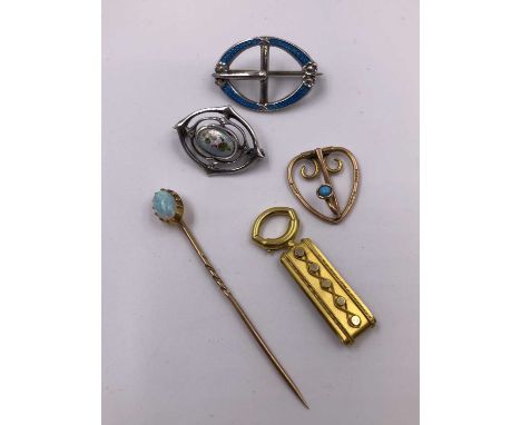 Two Charles Horner silver and enamelled brooches, an opal stick pin, unhallmarked and assessed as 9ct gold, a 9ct gold stone 