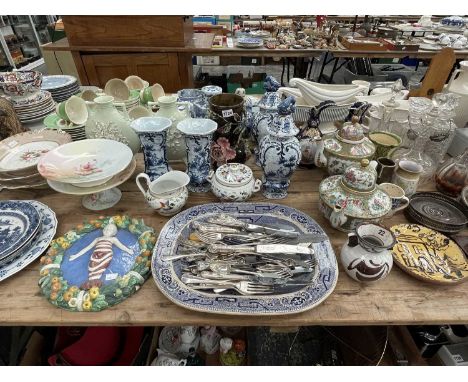Two pairs of Delft lue and white vases, two Canton tea pots, two Worcester floral tazze, wine coasters, a Della Robbia style 