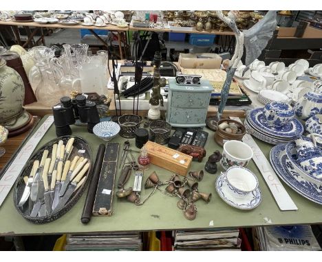 A ceramic ballet group, a pair of electroplate coasters, binoculars, a slide rule, a set of dominoes, etc.