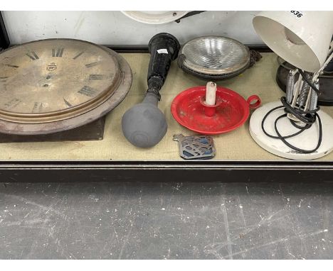 A RAF wall clock, a car horn, RAC badge, a chamberstick together with two angle poise lamps