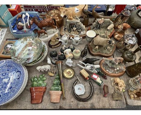 A Melba ware cow, other animal figurines, Border Fine Art groups, collectors plates, a hunting horn, electroplate tea and cof