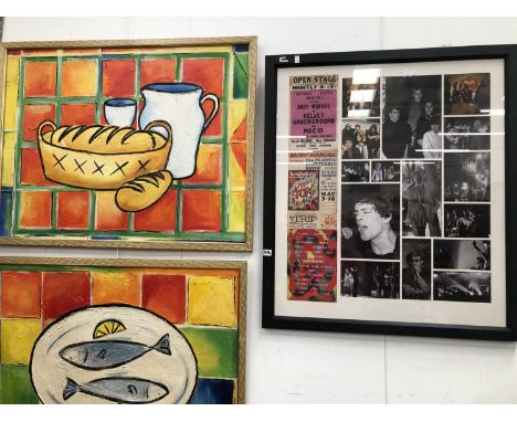 A frame of three Andy Warhol fliers together with Velvet Underground photographs and two abstract still lives.