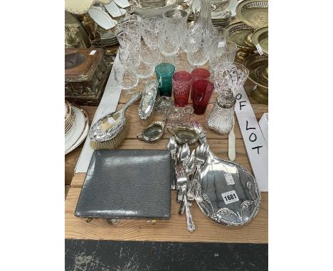 Stuart crystal and other drinking glass, a silver backed three piece dressing table set, electroplate cutlery together with a