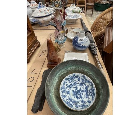 A pair of Florentine figures, an Indian bronze bowl, an Oriental blue and white vase, a parasol, a coffee cup and saucer circ
