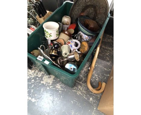 Table lamps. a Kodak slide projector, kitchen storage vessels, Longwy and  other ceramics, electroplate goblets, etc